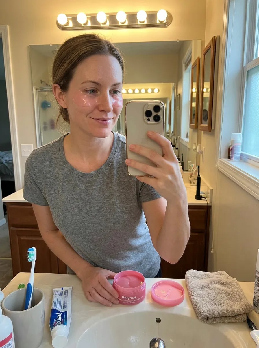 Customer photo — Polynae Polynae PDRN Collagen Caffeine Eye Patch — side-by-side comparison, 5-star review.