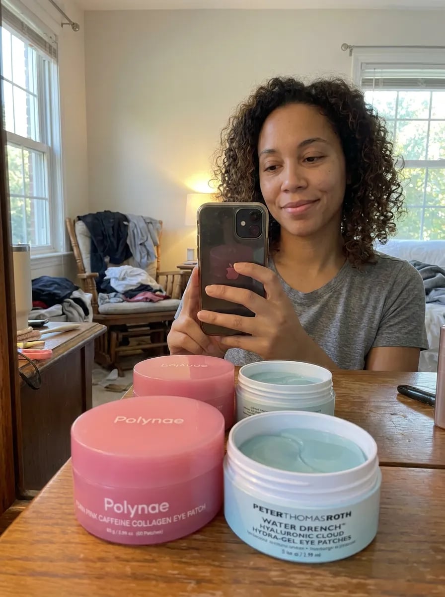 Customer photo — Polynae Polynae PDRN Collagen Caffeine Eye Patch — side-by-side comparison, 5-star review.