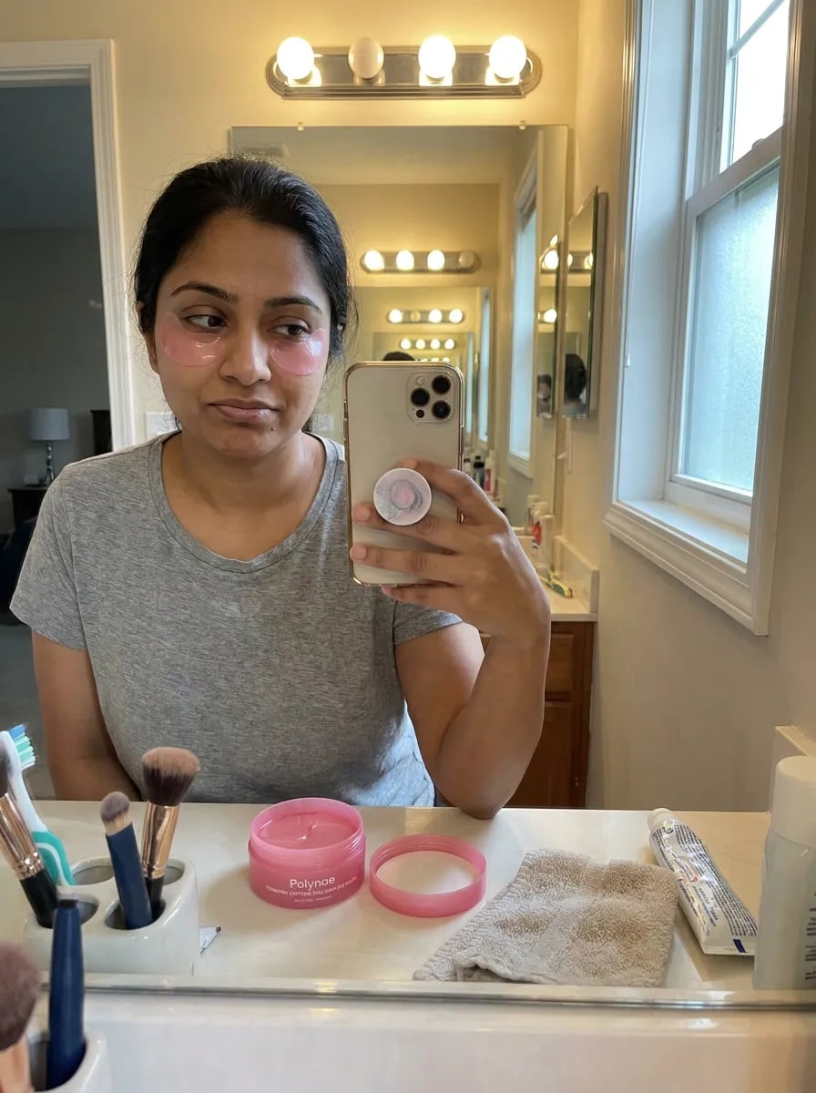 Customer photo — Polynae Polynae PDRN Collagen Caffeine Eye Patch — product on a kitchen counter, 3-star review.