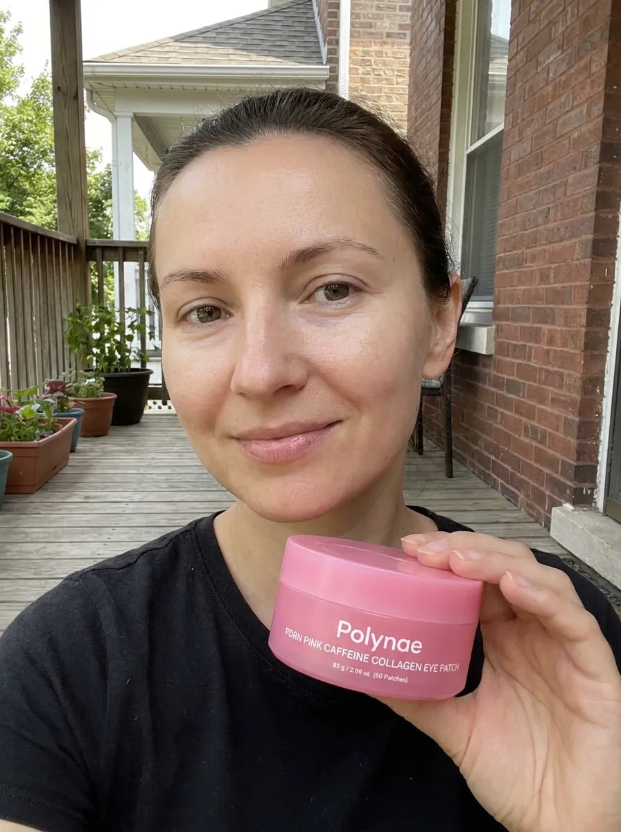 Customer photo — Polynae Polynae PDRN Collagen Caffeine Eye Patch — product on a kitchen counter, 5-star review.