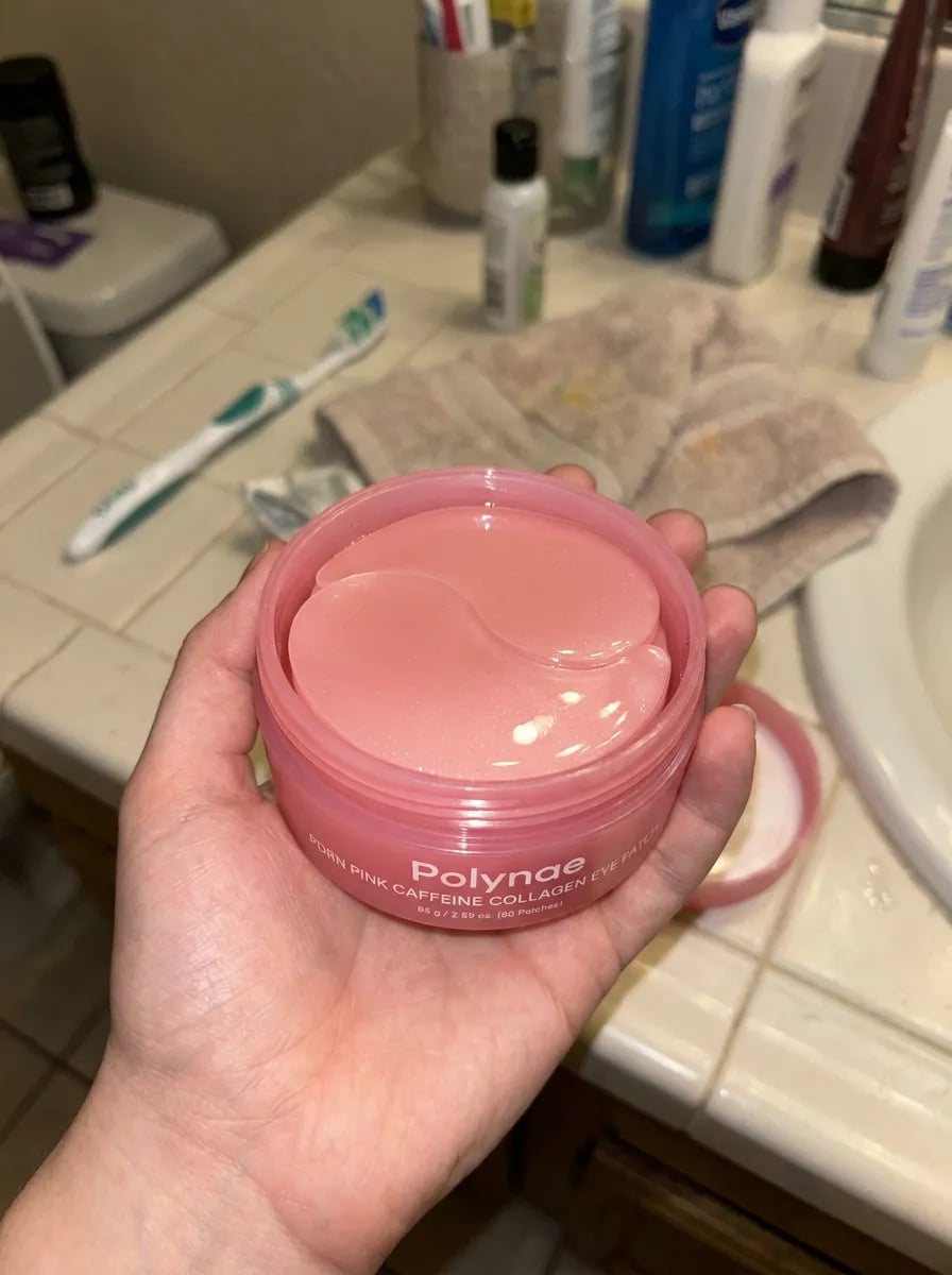 Customer photo — Polynae Polynae PDRN Collagen Caffeine Eye Patch — product on a kitchen counter, 4-star review.