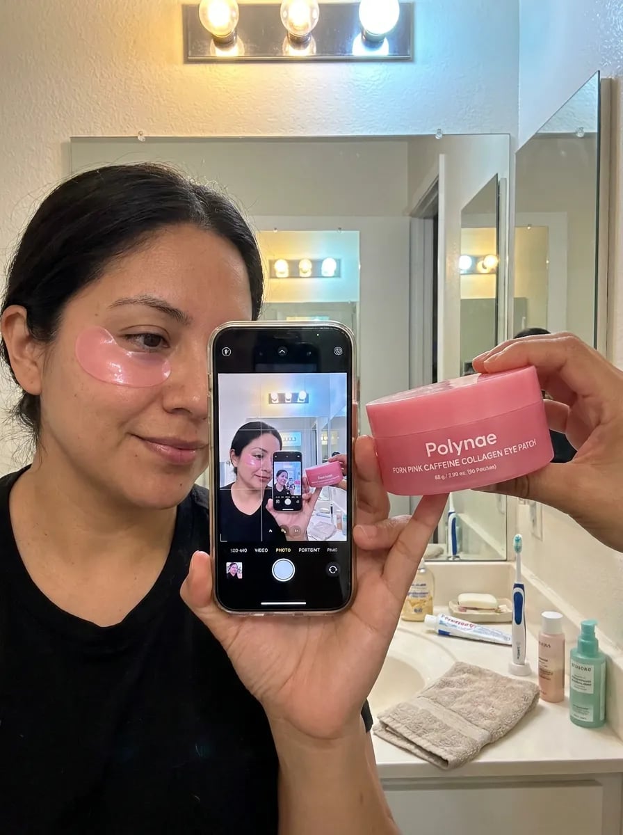 Customer photo — Polynae Polynae PDRN Collagen Caffeine Eye Patch — product on a kitchen counter, 5-star review.