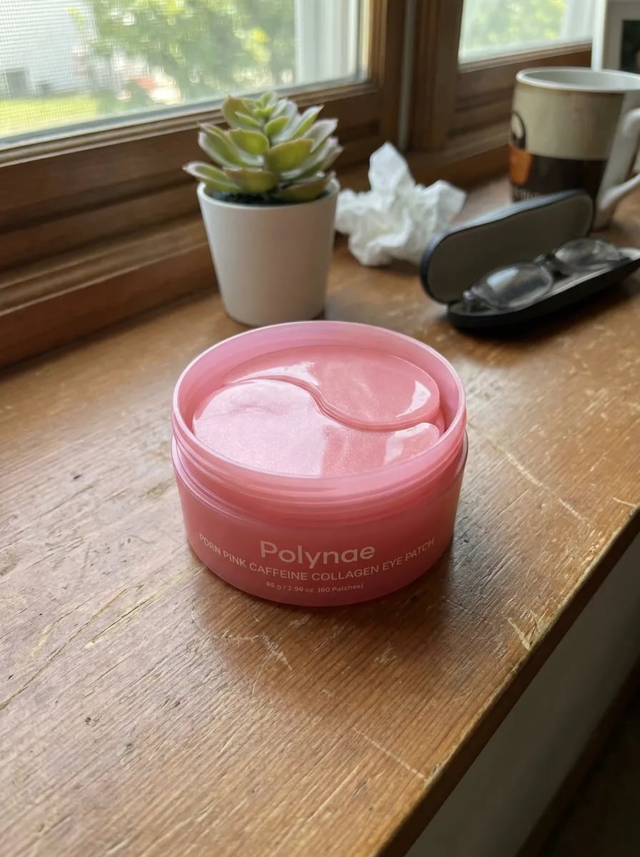 Customer photo — Polynae Polynae PDRN Collagen Caffeine Eye Patch — product on a kitchen counter, 5-star review.