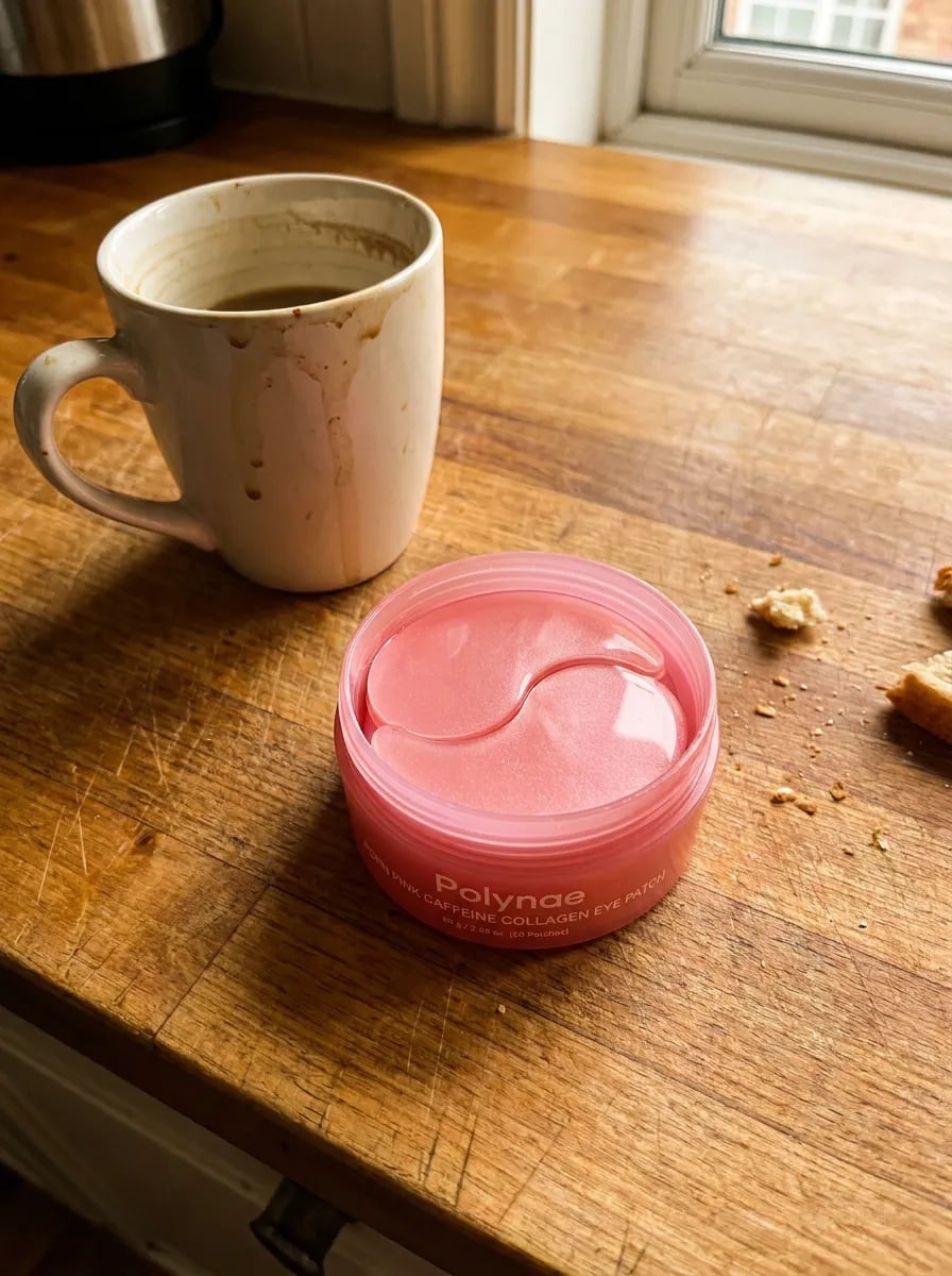 Customer photo — Polynae Polynae PDRN Collagen Caffeine Eye Patch — product on a kitchen counter, 5-star review.