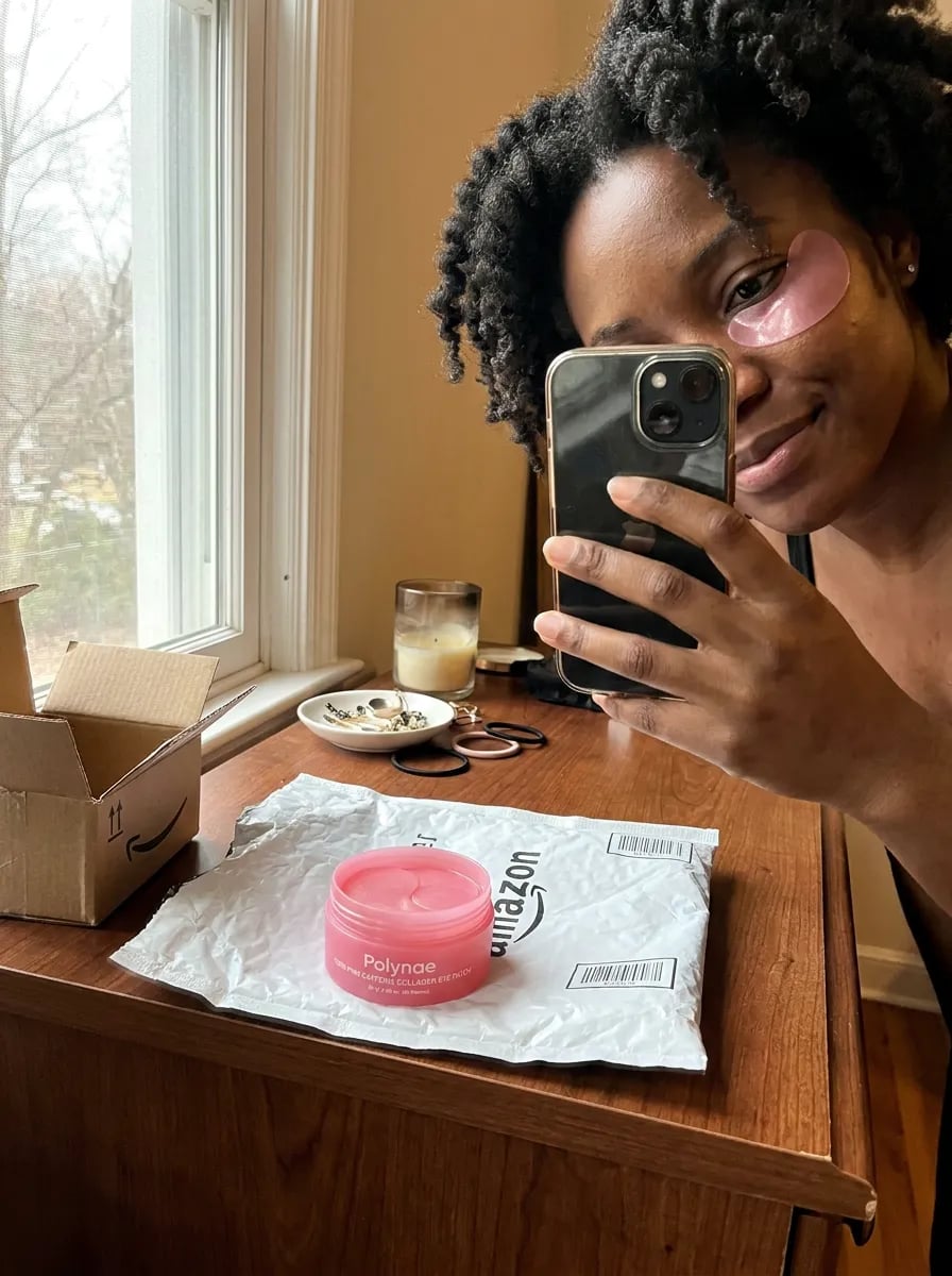 Customer photo — Polynae Polynae PDRN Collagen Caffeine Eye Patch — unboxing the product, 5-star review.
