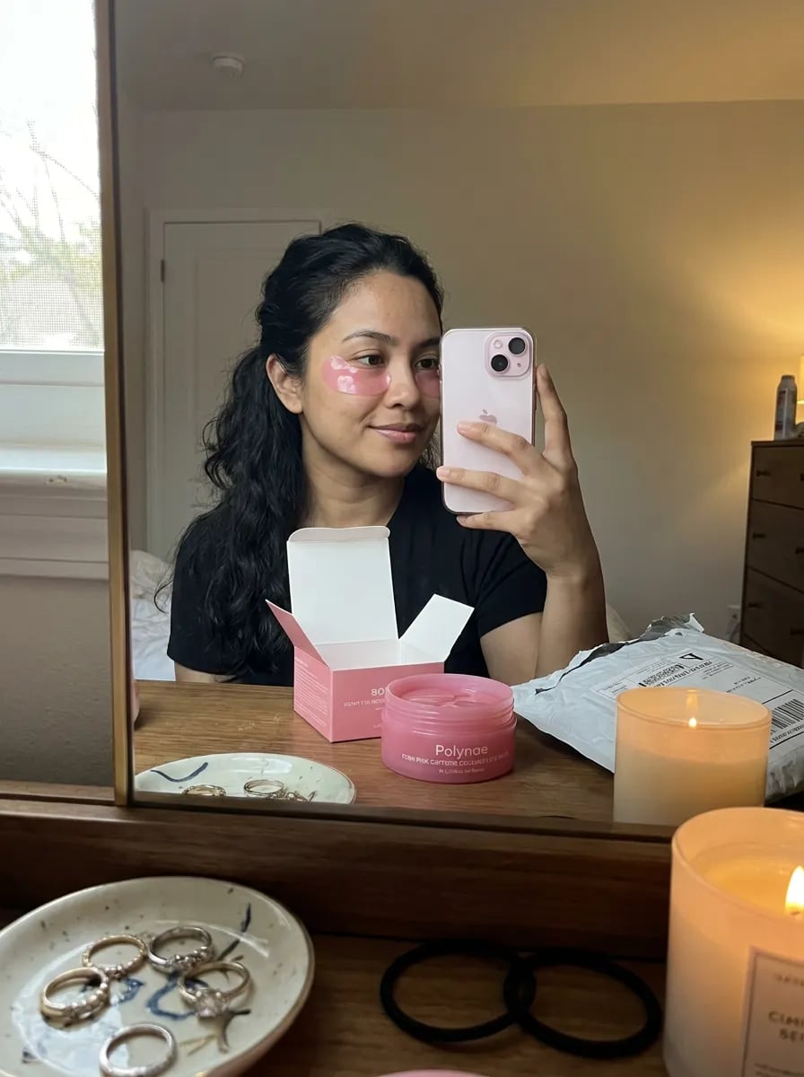 Customer photo — Polynae Polynae PDRN Collagen Caffeine Eye Patch — unboxing the product, 5-star review.