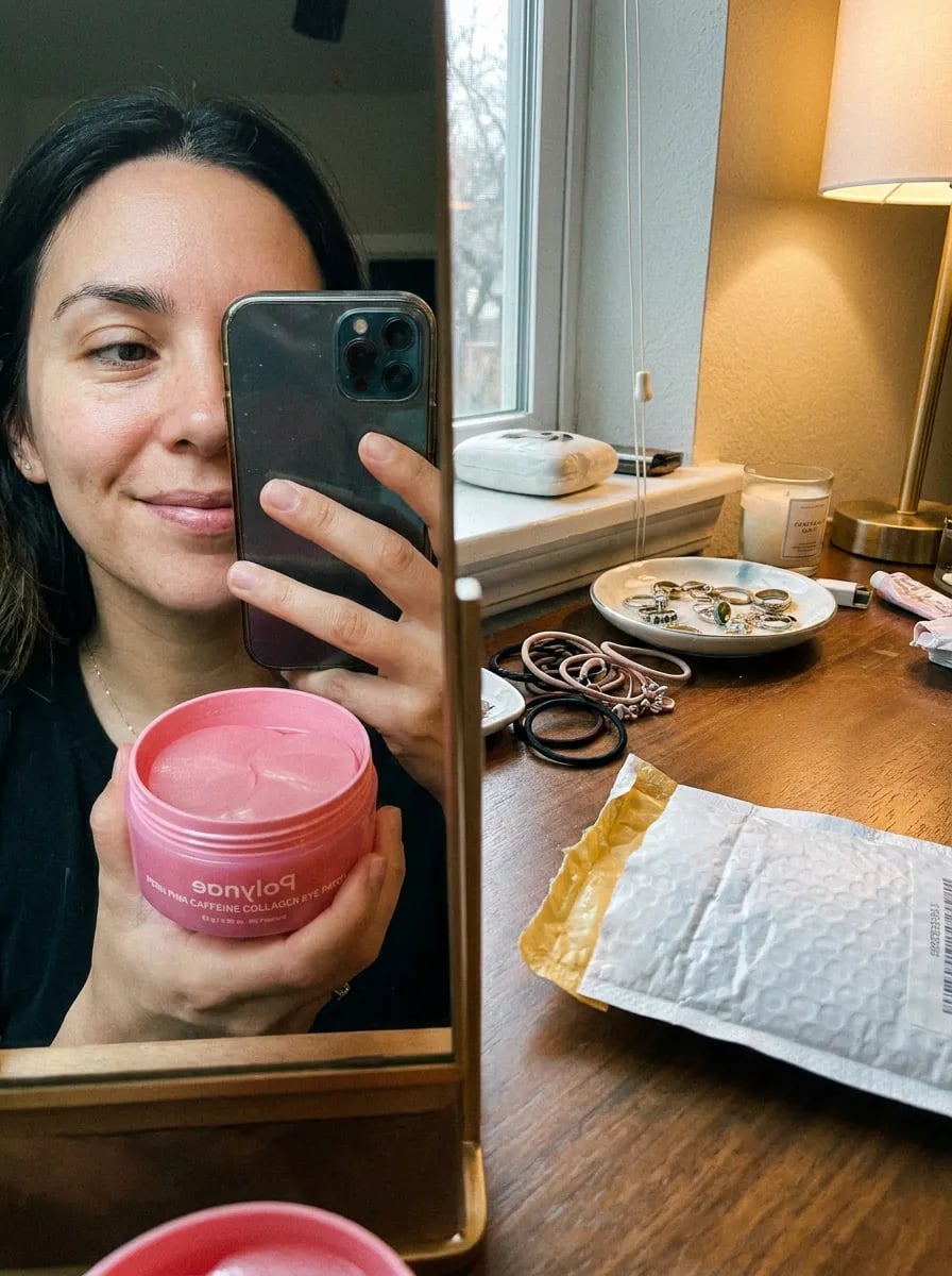 Customer photo — Polynae Polynae PDRN Collagen Caffeine Eye Patch — unboxing the product, 5-star review.