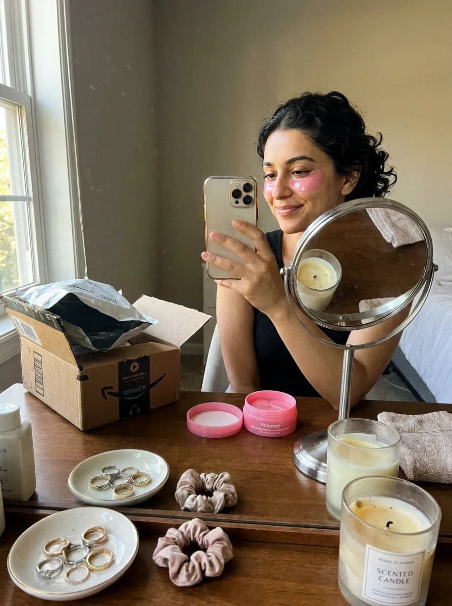 Customer photo — Polynae Polynae PDRN Collagen Caffeine Eye Patch — unboxing the product, 5-star review.