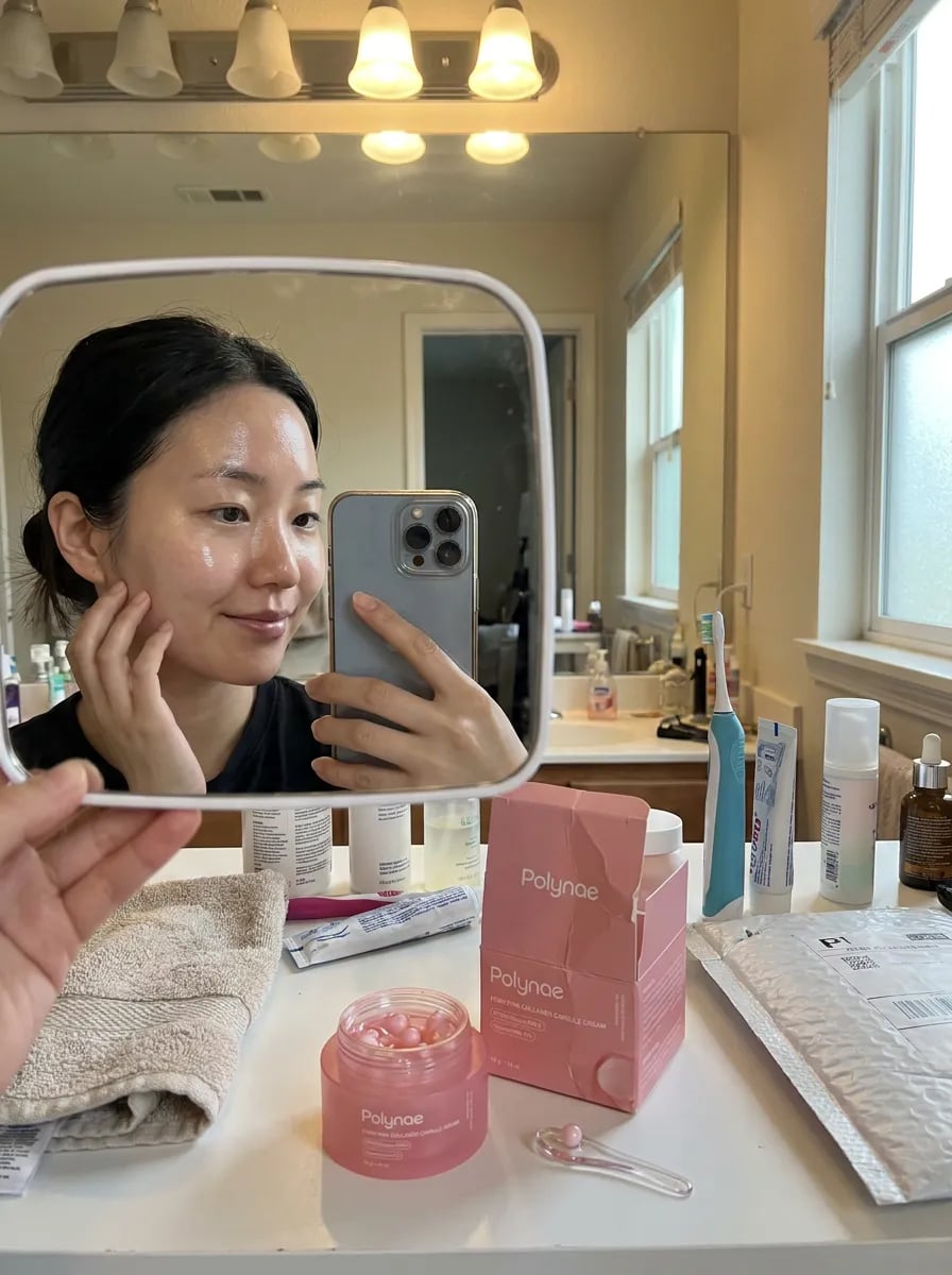 Customer photo — Polynae Polynae PDRN Collagen Capsule Cream — unboxing the product, 5-star review.