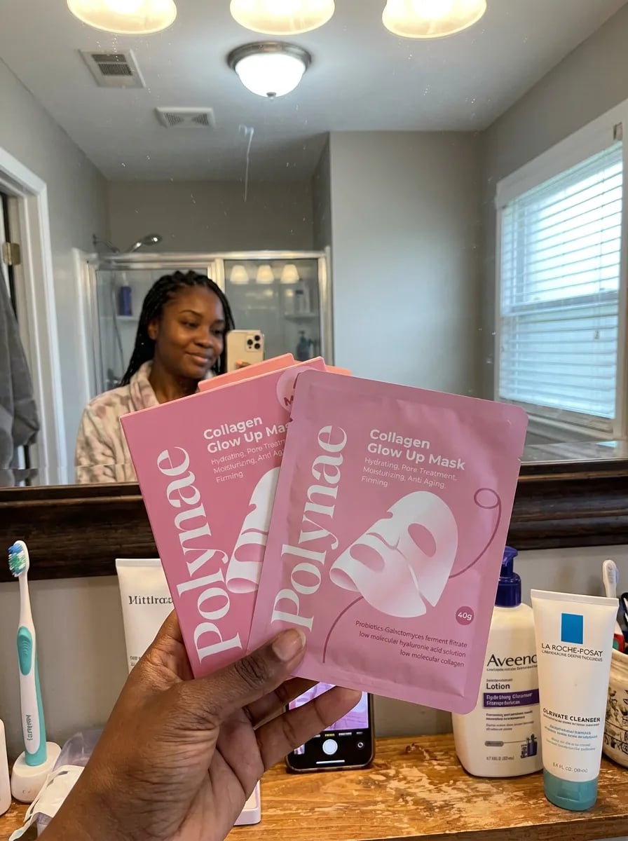 Customer photo — Polynae Polynae PDRN Collagen Mask — product in hand, 5-star review.