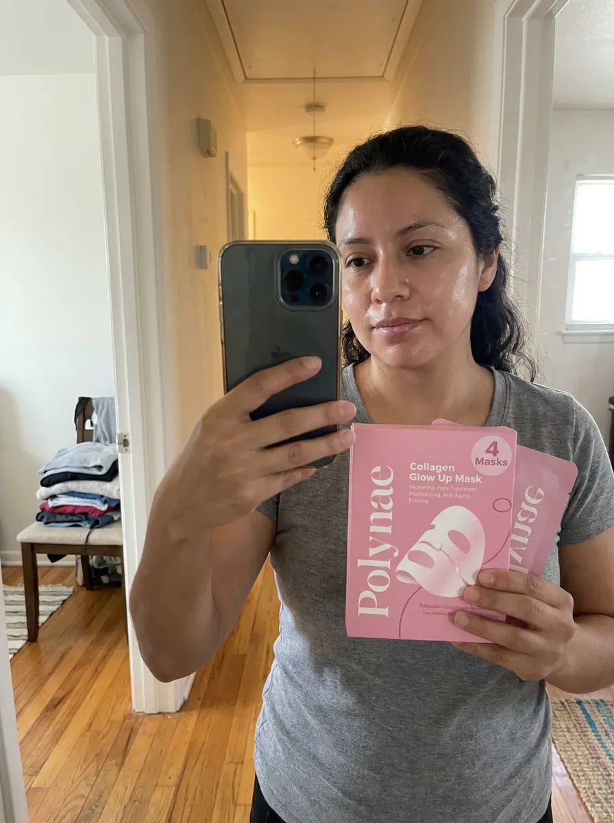 Customer photo — Polynae Polynae PDRN Collagen Mask — product in hand, 4-star review.