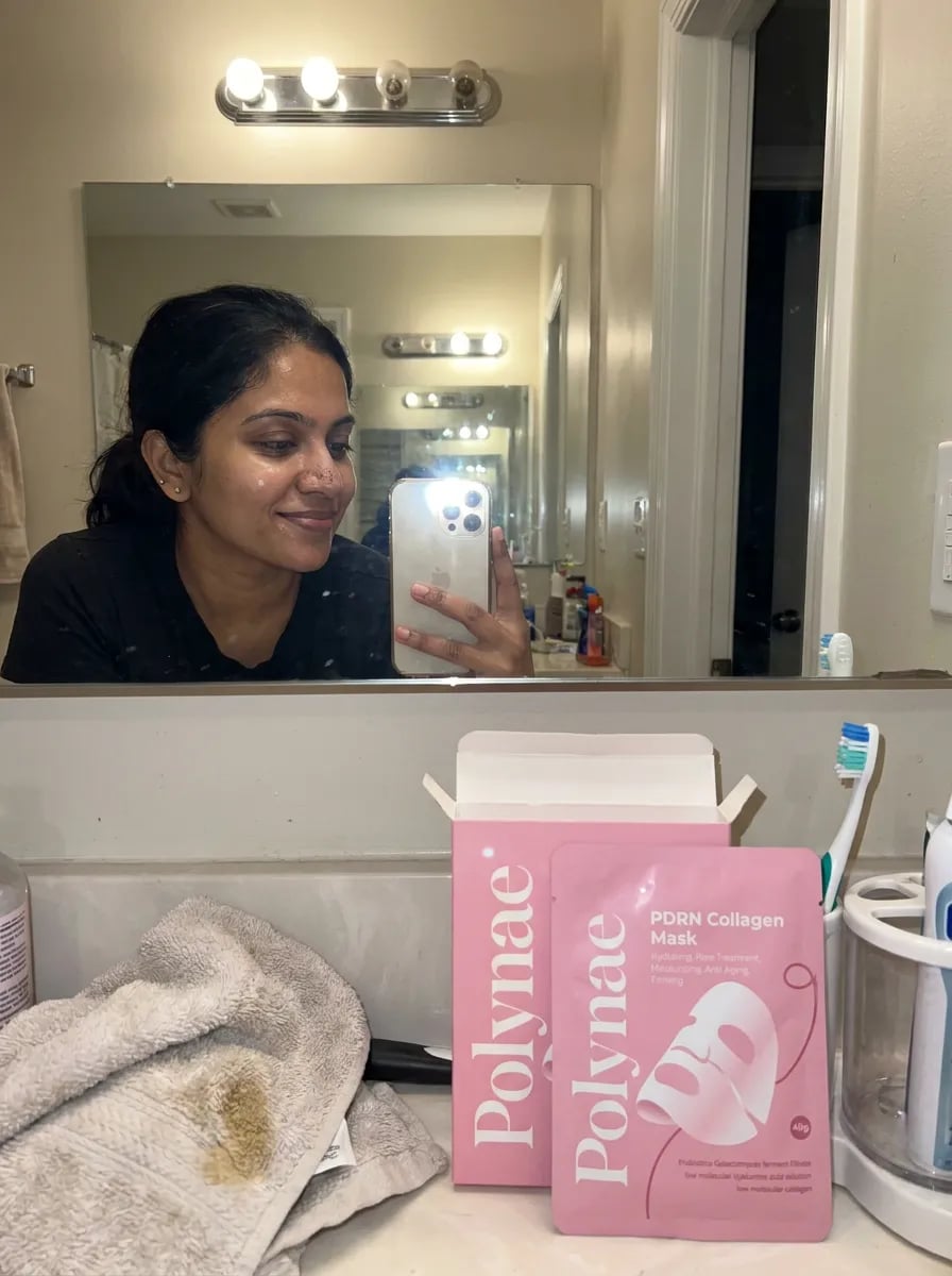 Customer photo — Polynae Polynae PDRN Collagen Mask — product on a kitchen counter, 5-star review.