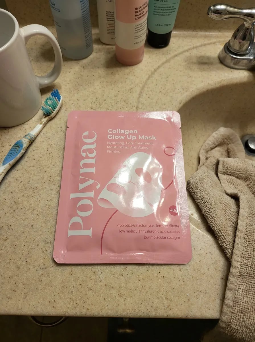Customer photo — Polynae Polynae PDRN Collagen Mask — product on a kitchen counter, 5-star review.