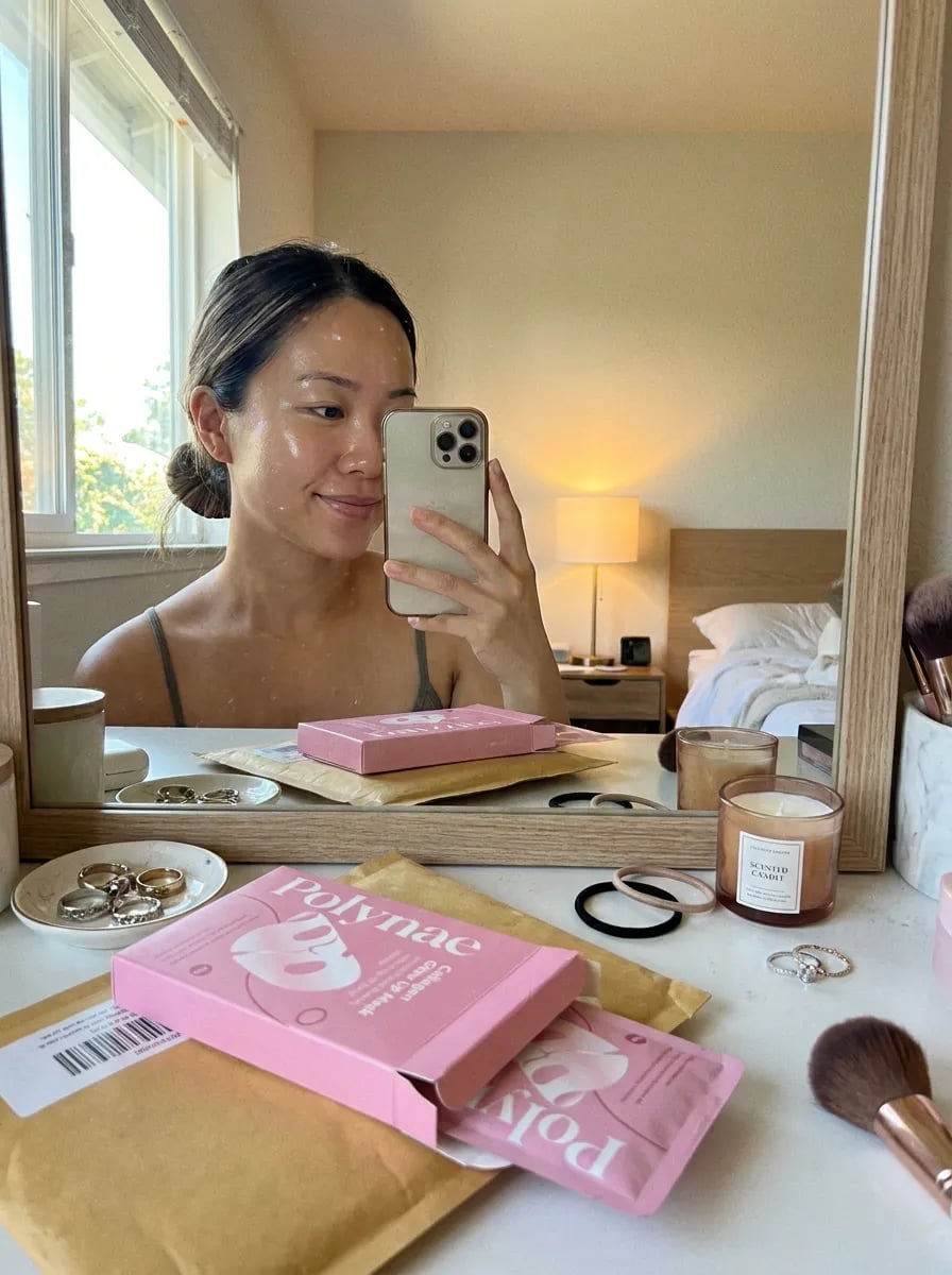 Customer photo — Polynae Polynae PDRN Collagen Mask — unboxing the product, 4-star review.