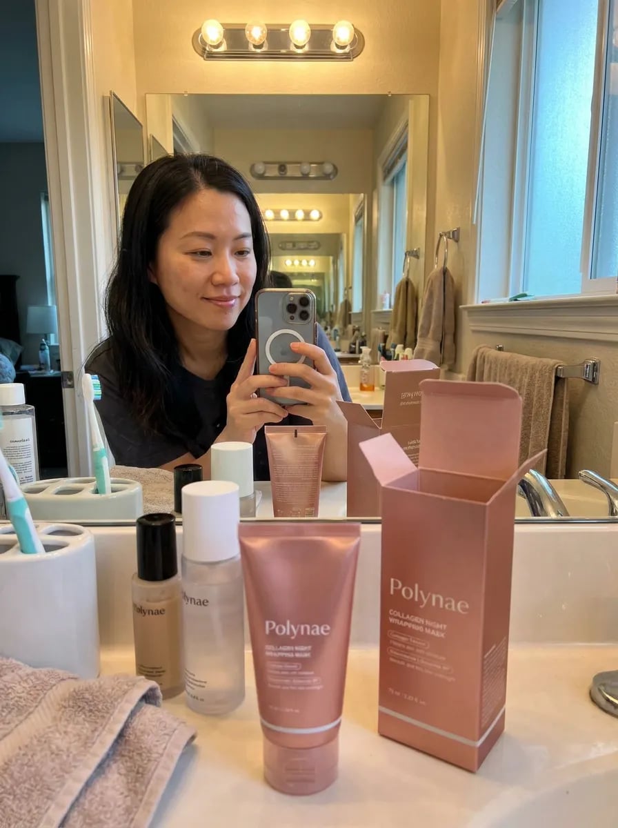 Customer photo — Polynae Polynae PDRN Collagen Night Mask — unboxing the product, 5-star review.