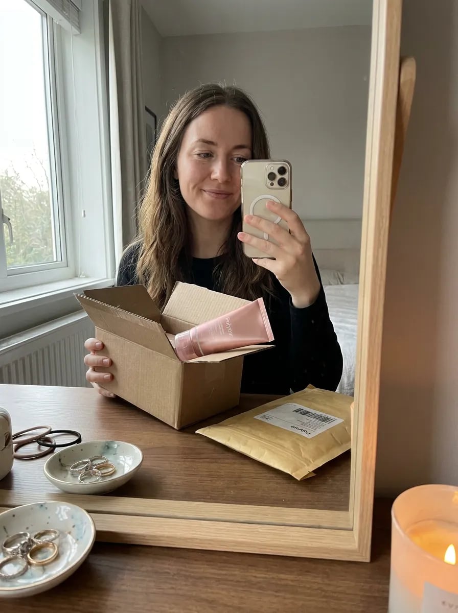 Customer photo — Polynae Polynae PDRN Collagen Night Mask — unboxing the product, 5-star review.