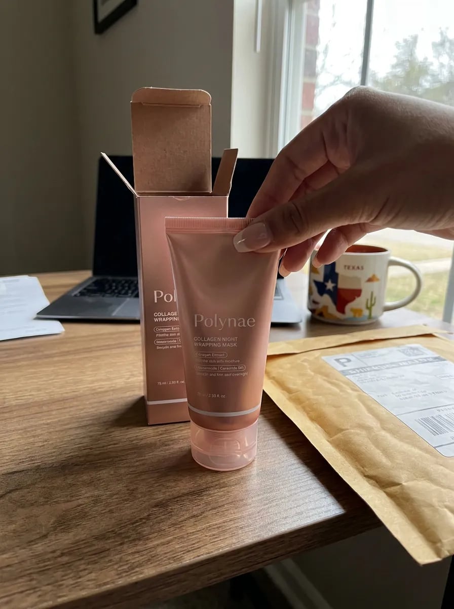 Customer photo — Polynae Polynae PDRN Collagen Night Mask — unboxing the product, 4-star review.