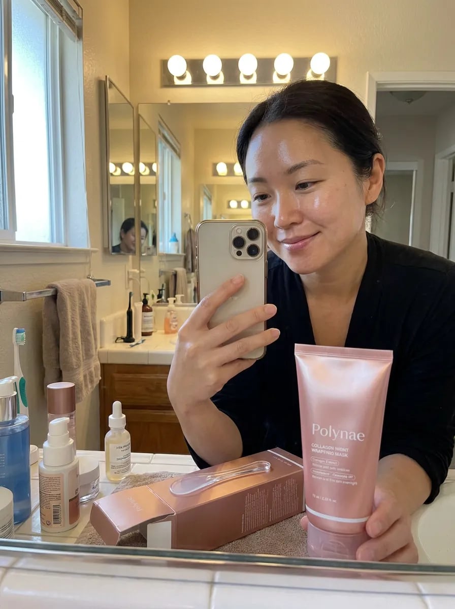 Customer photo — Polynae Polynae PDRN Collagen Night Mask — unboxing the product, 5-star review.