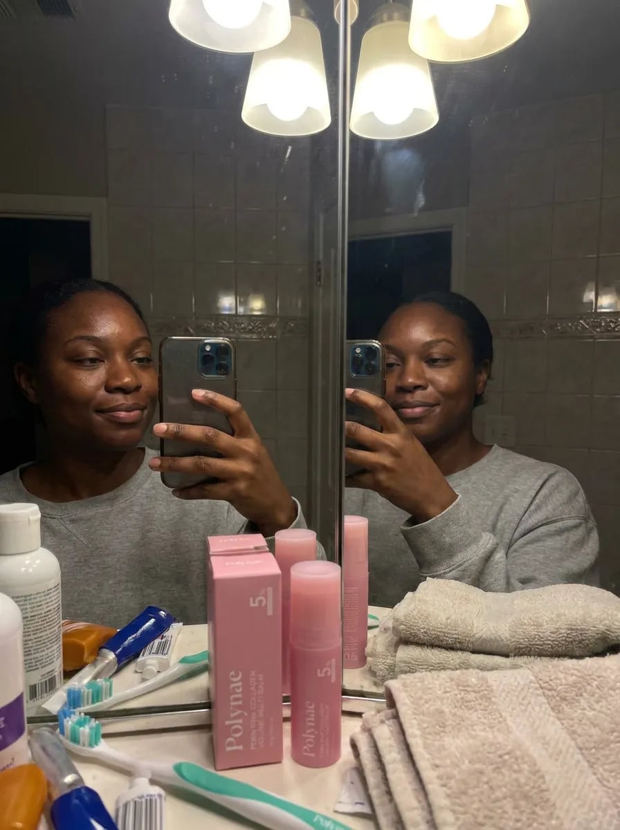 Customer photo — Polynae Polynae PDRN Collagen Volume Balm — product on a kitchen counter, 5-star review.