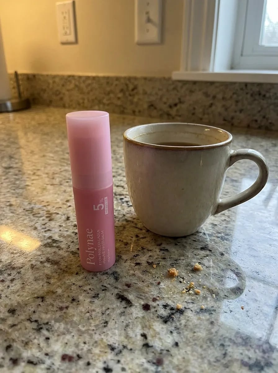Customer photo — Polynae Polynae PDRN Collagen Volume Balm — product on a kitchen counter, 4-star review.