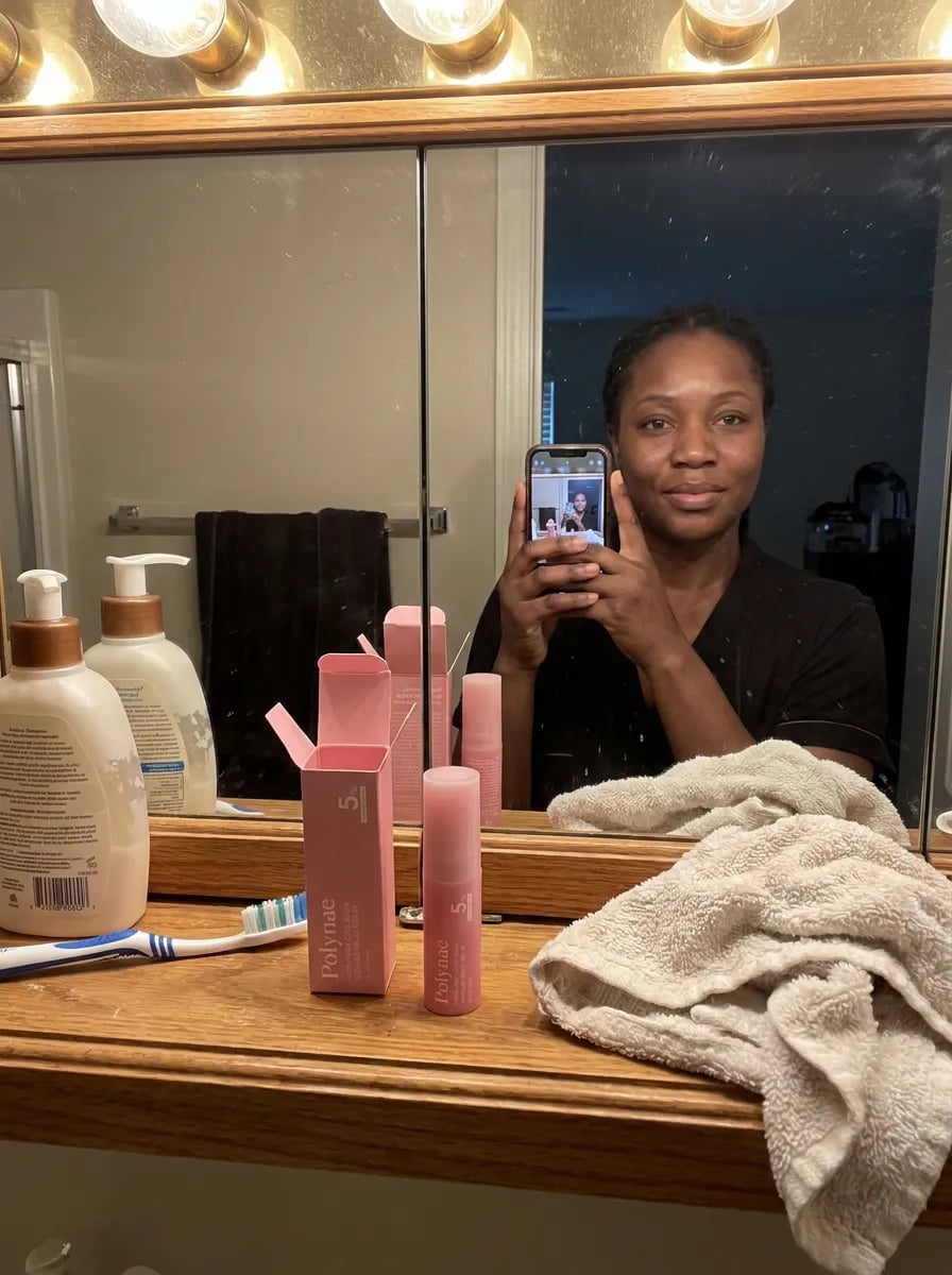 Customer photo — Polynae Polynae PDRN Collagen Volume Balm — unboxing the product, 5-star review.