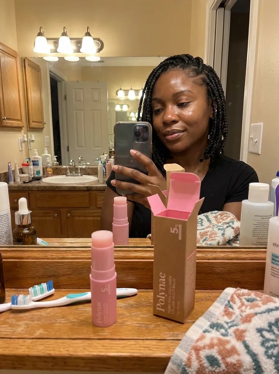 Customer photo — Polynae Polynae PDRN Collagen Volume Balm — unboxing the product, 5-star review.